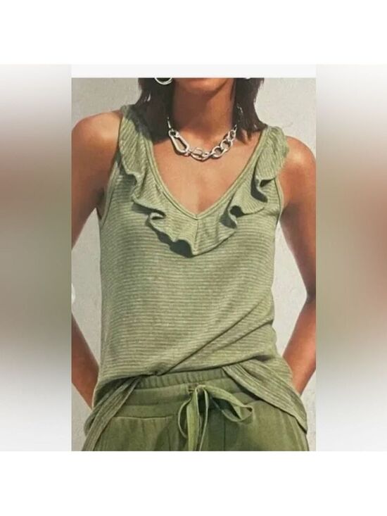 CAbi Tops - Cabi - Light Sage Green Ruffled Neckline Tank Top - Size L